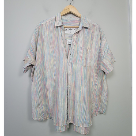Flaw Frank & Eileen XL Linen Cotton Striped Short Sleeve Button Up Rose Shirt - Picture 1 of 13
